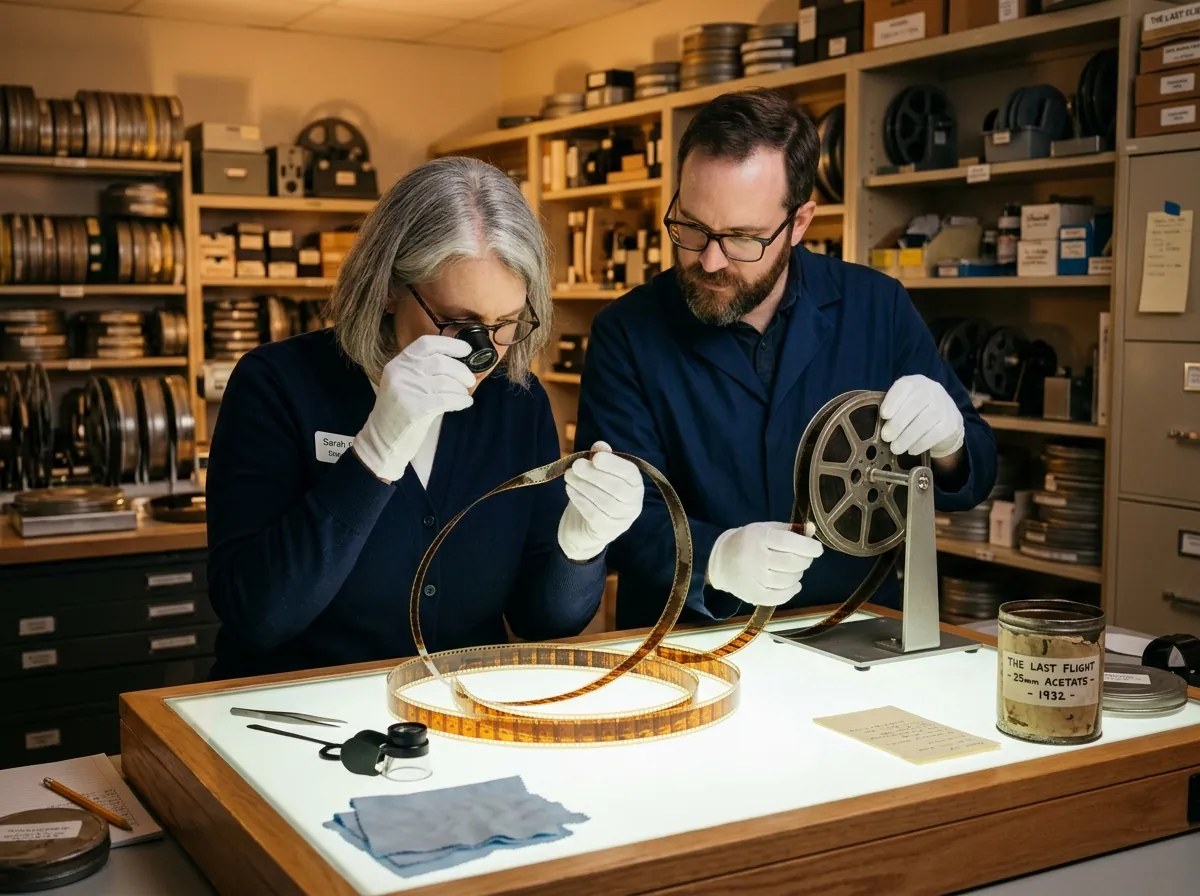 Film preservationists inspecting vintage film reels at a light table